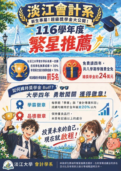 繁星選淡江會計系 最優4年學雜費全免圖片